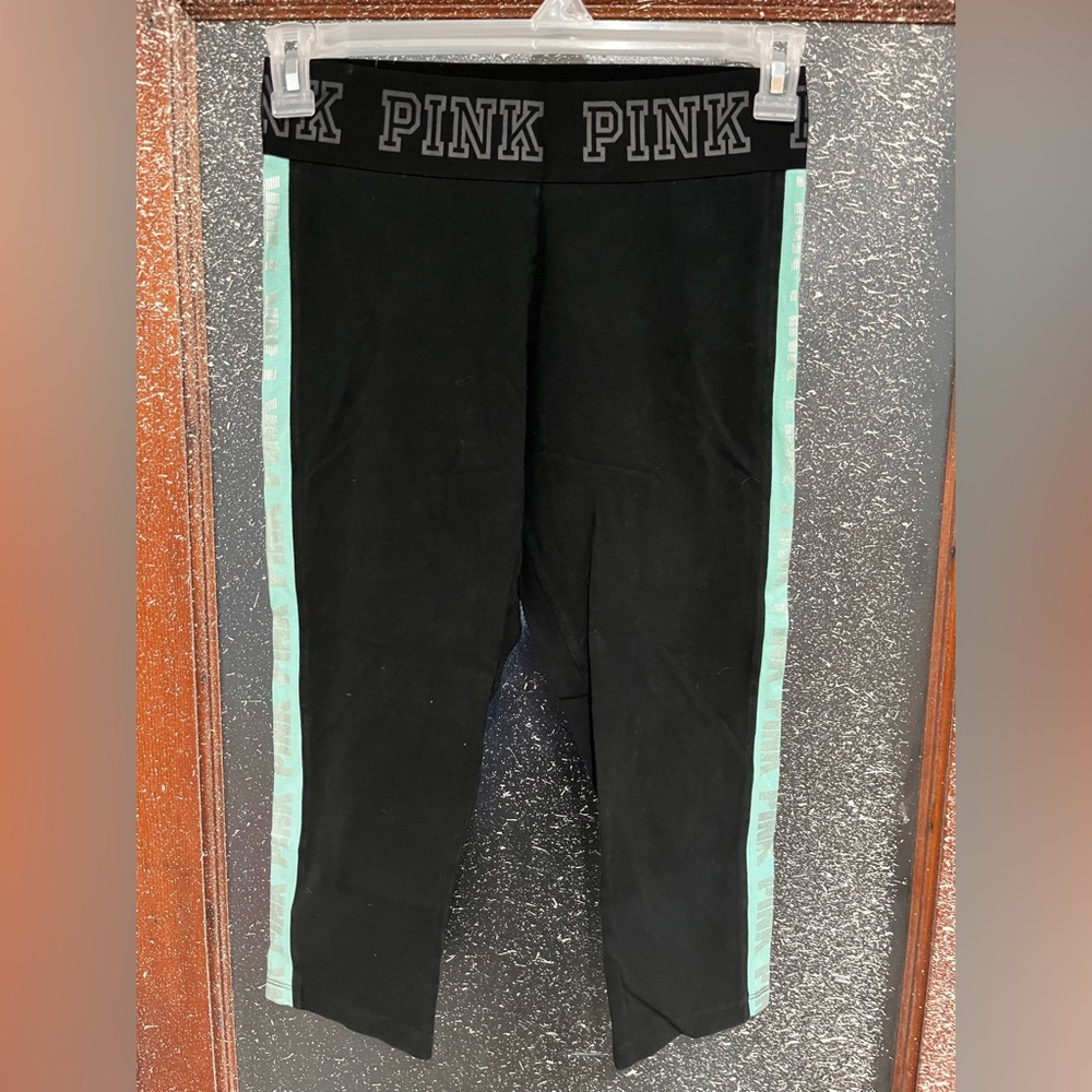 🔴PINK Victoria's Secret Black Leggings with Aqua Stripes